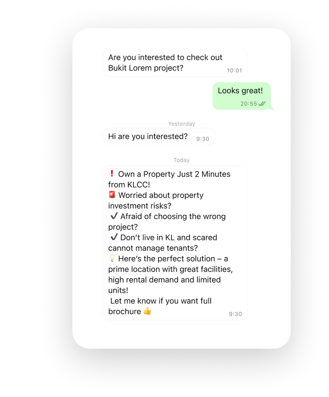 Agent sends a long generic brochure-style follow-up message.